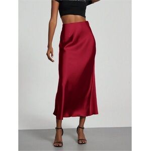Burgundy Satin A-Line Skirt High Waisted Long